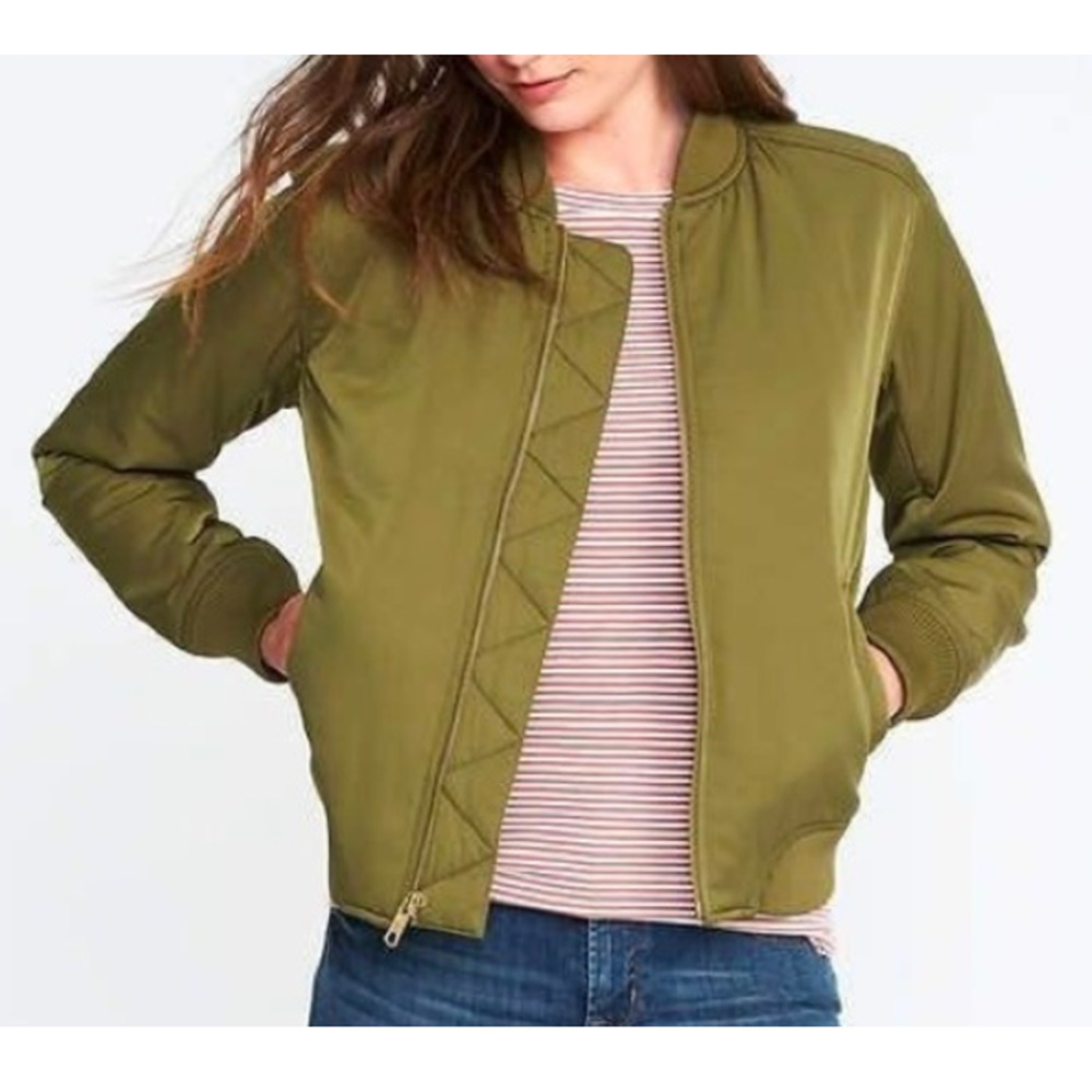 Old Navy Bomber Jacket Green Army Olive Zipper Pockets Lined Women's S